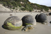 Moeraki Boulders poster print showcasing unique spherical formations on Koekohe Beach, New Zealand.