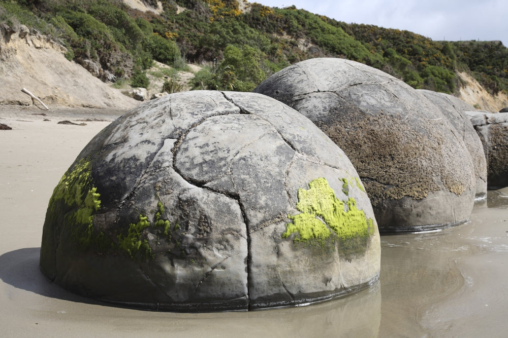 Moeraki Boulders Poster Print showcasing unique geological formations on Koekohe Beach, New Zealand.