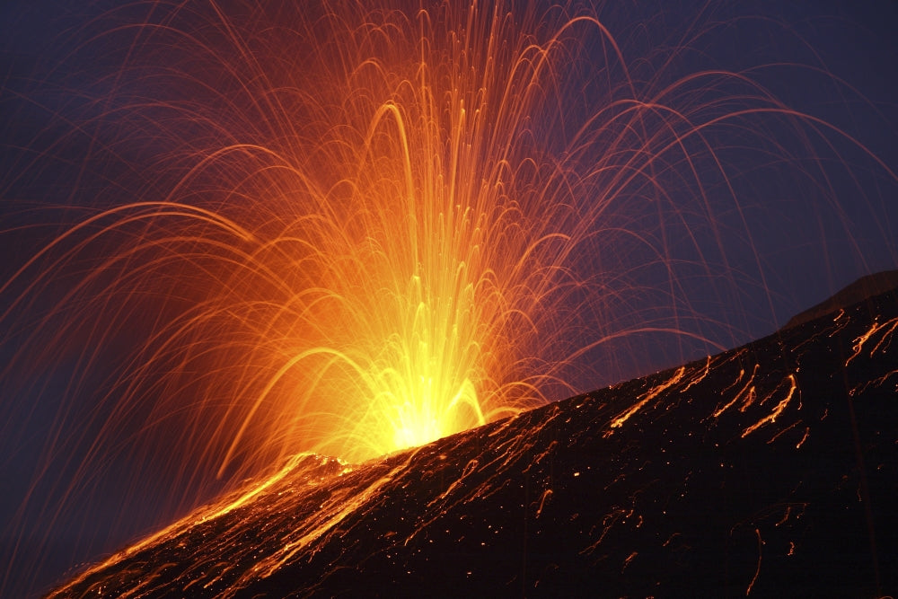 Lava bomb trajectories during nighttime eruption of Anak Krakatau volcano, Indonesia poster print