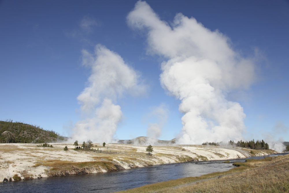 Steam rising over Midway Geyser Basin in Yellowstone National Park poster print.
