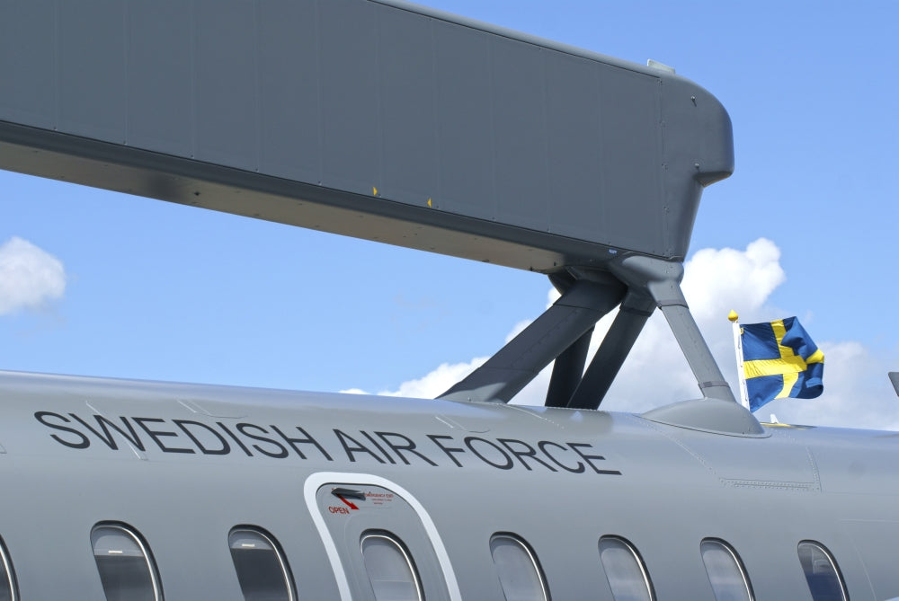 Close-up of early warning radar on Saab 340 aircraft poster print
