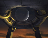 Crescent moon shining over a launch site poster print