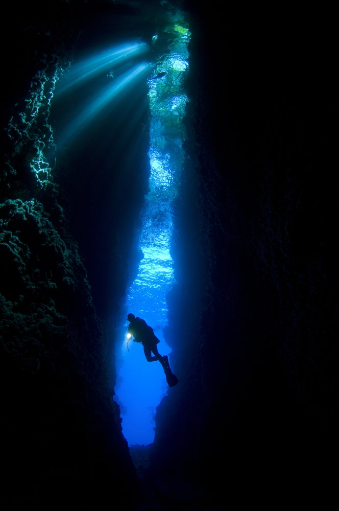 Lerus Cut underwater cavern poster print showcasing vibrant marine life.