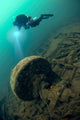 Diver exploring the wreck of the SS Laurentic ocean liner sunk during WW1 poster print.