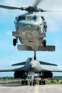US Navy MH-60S Seahawk helicopter and US Air Force B-1B Lancer bomber poster print.