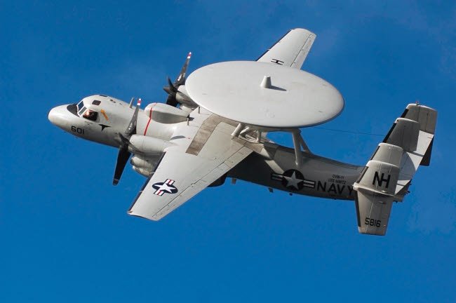 E-2C Hawkeye in flight poster print showcasing military aviation.