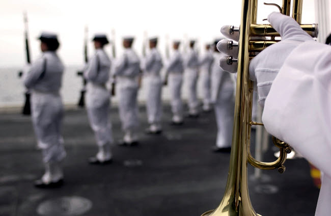 Ceremonial Honor Guard members at port arms during burial at sea ceremony poster print.