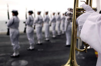 Ceremonial Honor Guard members at port arms during burial at sea ceremony poster print.