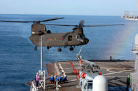 Army CH-47 Chinook helicopter landing on USS Blue Ridge poster print.