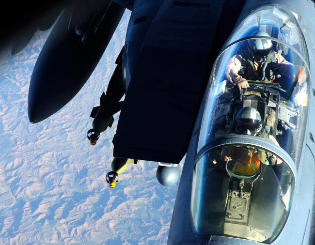 F-15E Strike Eagle refueling by KC-135 Stratotanker poster print