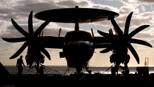 E-2C Hawkeye poster print secured on USS Harry S Truman flight deck.