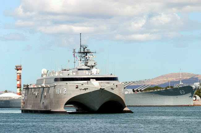 Bow view of the US Navy experimental High Speed Vehicle 2 (HSV-2) Swift poster print.