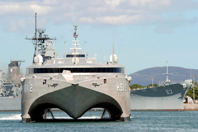 Bow on view of US Navy experimental High Speed Vehicle 2 (HSV-2) Swift poster print.