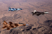 F-15 Aggressor Eagles and F-22 Raptor flying in formation poster print.