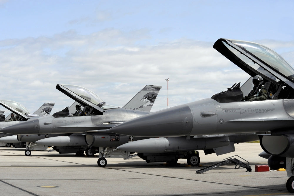 F-16 Fighting Falcons training mission poster print showcasing military jets.