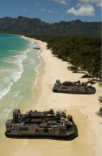 US Navy landing craft offloading equipment on Oahu beach poster print.