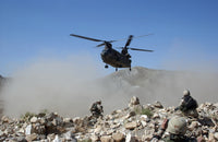 CH-47 Chinook helicopter landing in Afghanistan, poster print.