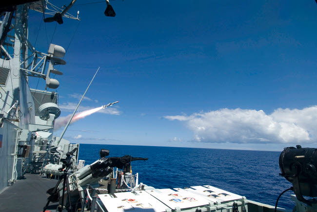 HMCS Regina firing a Harpoon anti-ship missile during a Rim of the Pacific exercise.