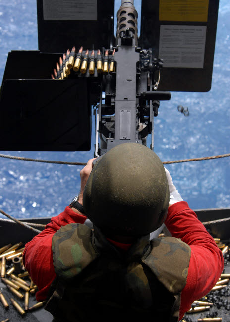 Ordinance Handling Officer Shooting 50 Caliber Machine Gun Aboard USS George Washington Poster Print