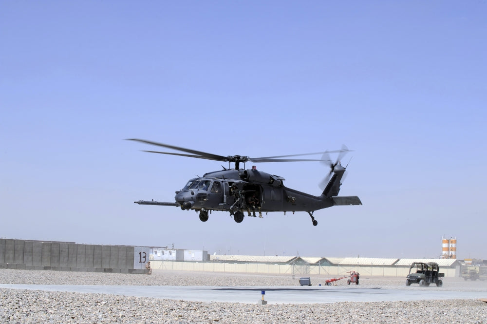 HH-60G Pave Hawk helicopter taking off from Camp Bastion, Afghanistan, medevac mission poster print.