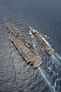 Aerial view of USS Ronald Reagan and USNS Bridge during replenishment at sea poster print.