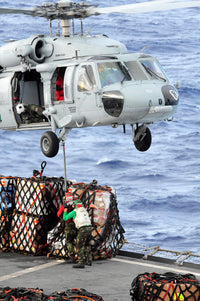 US Sailors connecting cargo pendant to MH-60S Seahawk helicopter poster print.