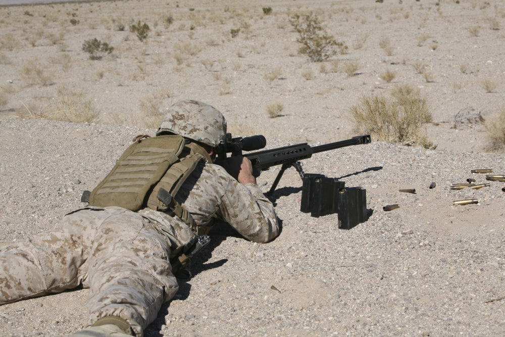 U.S. Marine zeroing M107 sniper rifle at Camp Wilson Poster Print