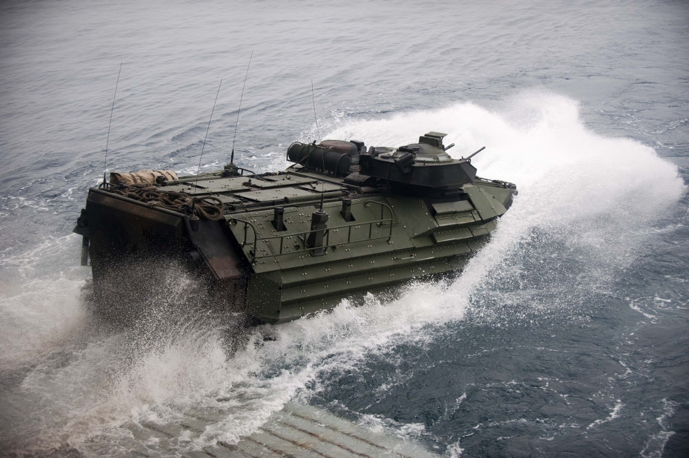 Amphibious assault vehicle departing the well deck of USS New Orleans poster print