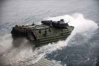 Amphibious assault vehicle departing the well deck of USS New Orleans poster print