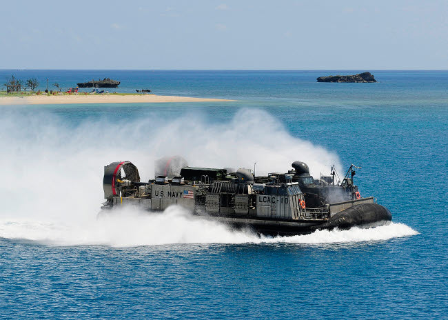 Landing craft air cushion approaches the USS Denver poster print