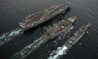 Replenishment at sea poster print featuring USS Abraham Lincoln, USNS Guadalupe, and USS Cape St. George.