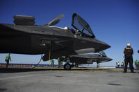 F-35B Lightning II variants secured on USS Wasp flight deck poster print