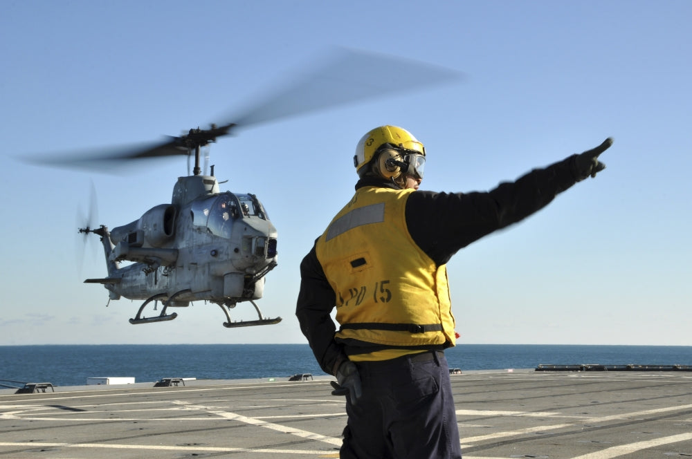 AH-1W Super Cobra Helicopter taking off from USS Ponce poster print
