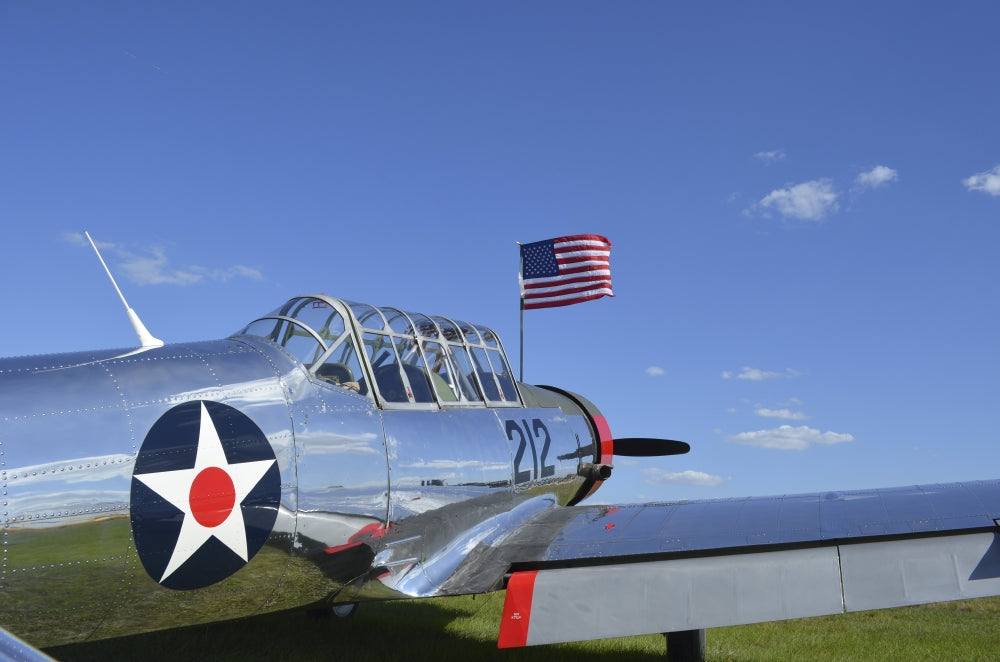 BT-13 Valiant trainer aircraft poster print featuring American flag.