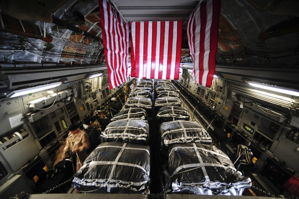 C-17 Globemaster III interior with cargo pallets, military aviation poster print.