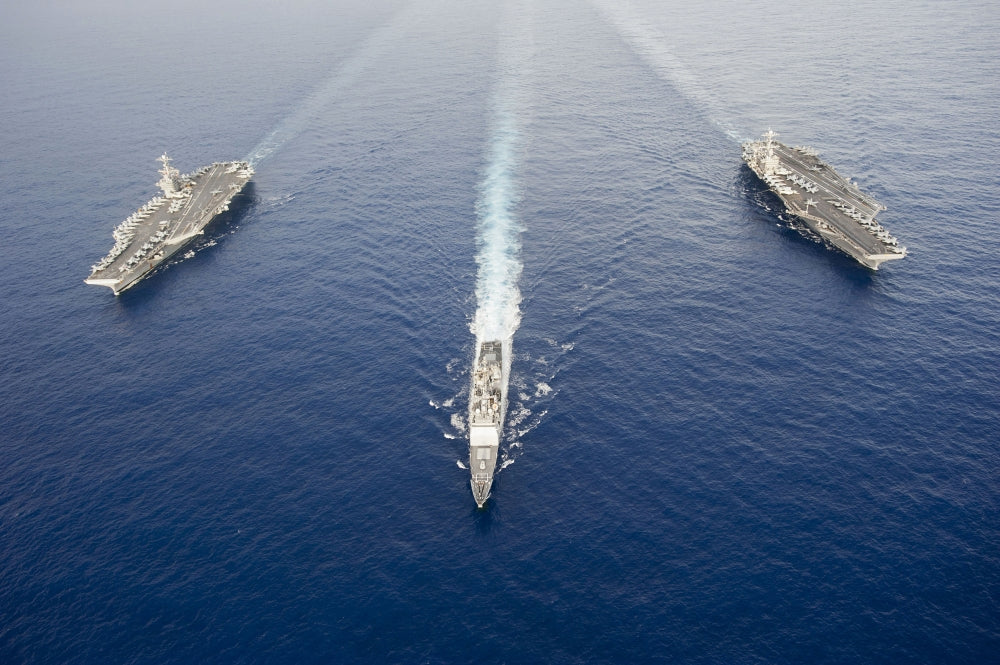 USS George Washington, USS Mobile Bay, & USS John C. Stennis Poster Print featuring naval ships.