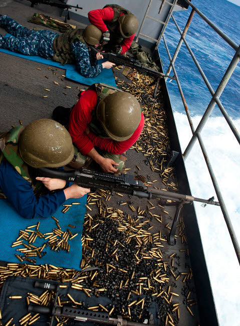 Sailors firing M240 machine guns on the fantail of USS John C. Stennis poster print.