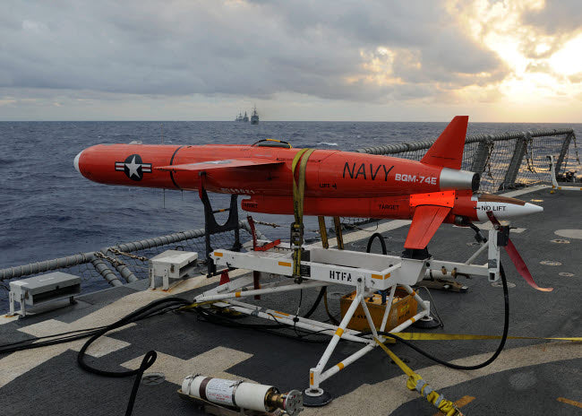BQM-74E drone launching from the flight deck of USS Underwood poster print.