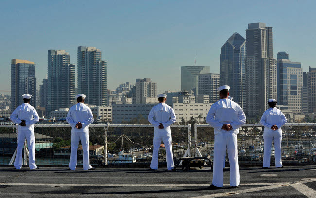 Sailors Man the Rails Aboard the USNS Mercy Poster Print by Stocktrek Images