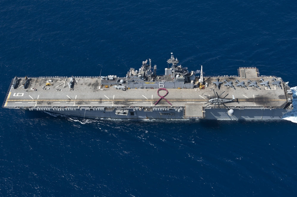 USS Bonhomme Richard Breast Cancer Awareness Poster Print featuring a pink ribbon logo.