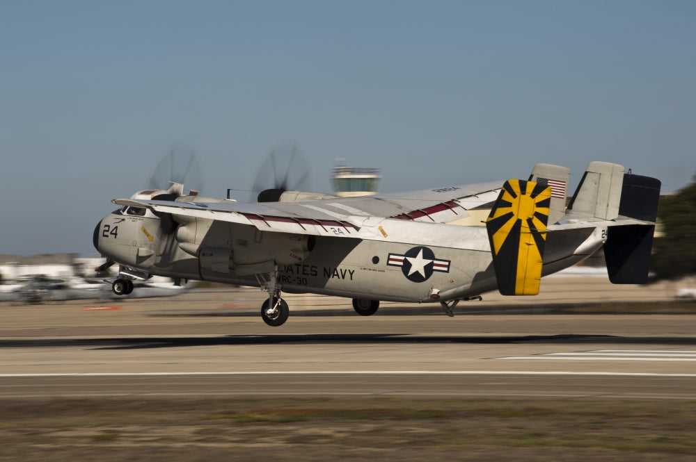 C-2 Greyhound landing at Naval Air Station North Island poster print.
