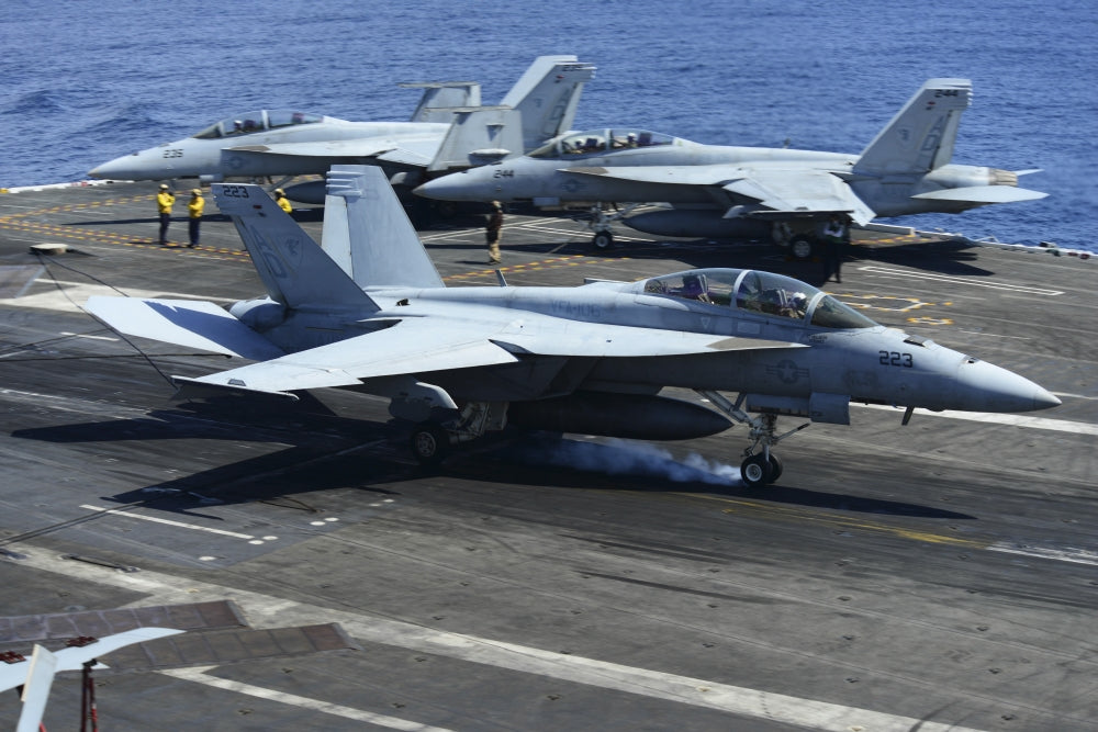 F/A-18C Hornet landing on USS George H.W. Bush aircraft carrier poster print.