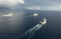 Poster print of USNS Matthew Perry, USS Pearl Harbor, and HMNZS Canterbury transit the Vella Gulf.