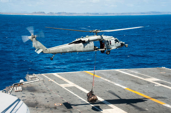 MH-60S Sea Hawk delivering supplies to USS George Washington poster print