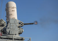 USS San Jacinto guided-missile cruiser live-fire exercise poster print.