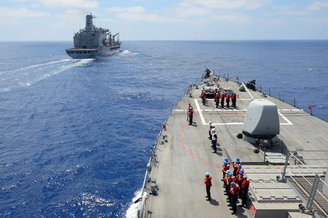 USS Ross replenishment poster print featuring sailors aboard