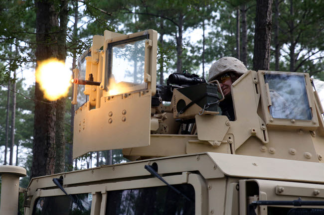 US Marine firing M-240B machine gun from humvee poster print