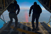 US Navy Parachute Team Leap Frogs poster print above Huntington Beach.