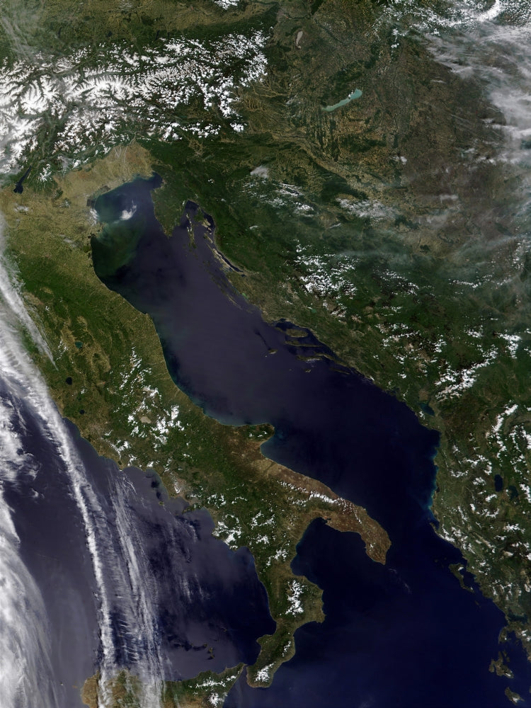 Satellite View of Italy Poster Print showcasing aerial landscapes.