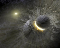 A Collision Between Massive Objects in Space Poster Print capturing celestial bodies colliding.